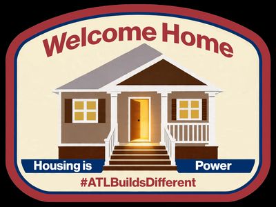 Welcome Home sticker: a Habitat-style house with the words Housing is Power and the hashtag ATLBuildsDifferent